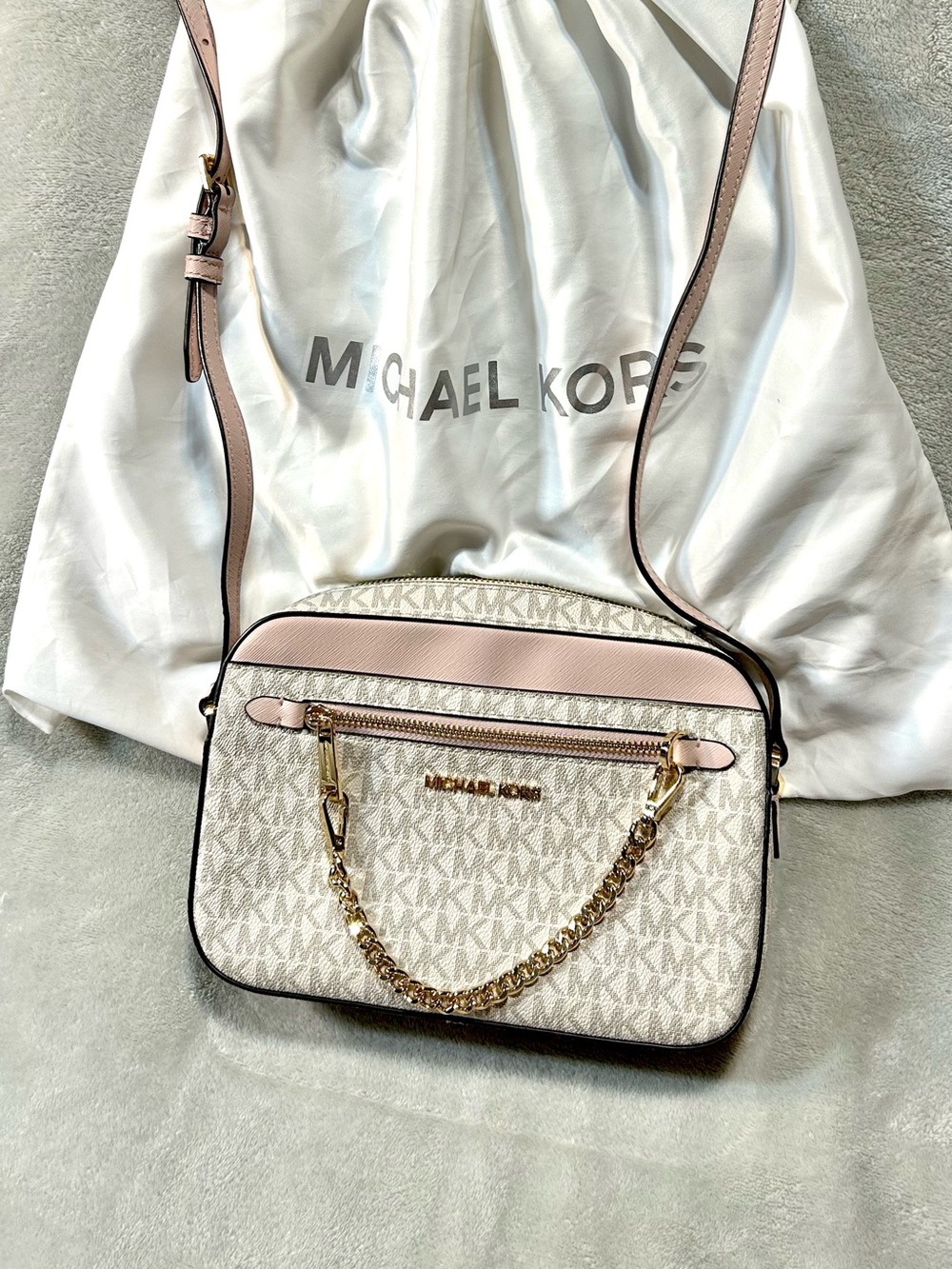 Michael Kors Pink and Ivory Logo Crossbody Bag with Gold Chain